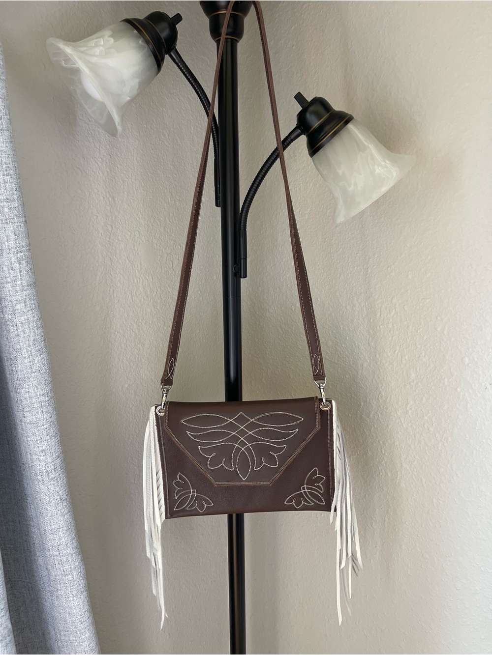 Handmade Brown Leather Crossbody Bag with White Fringe and White Stitching